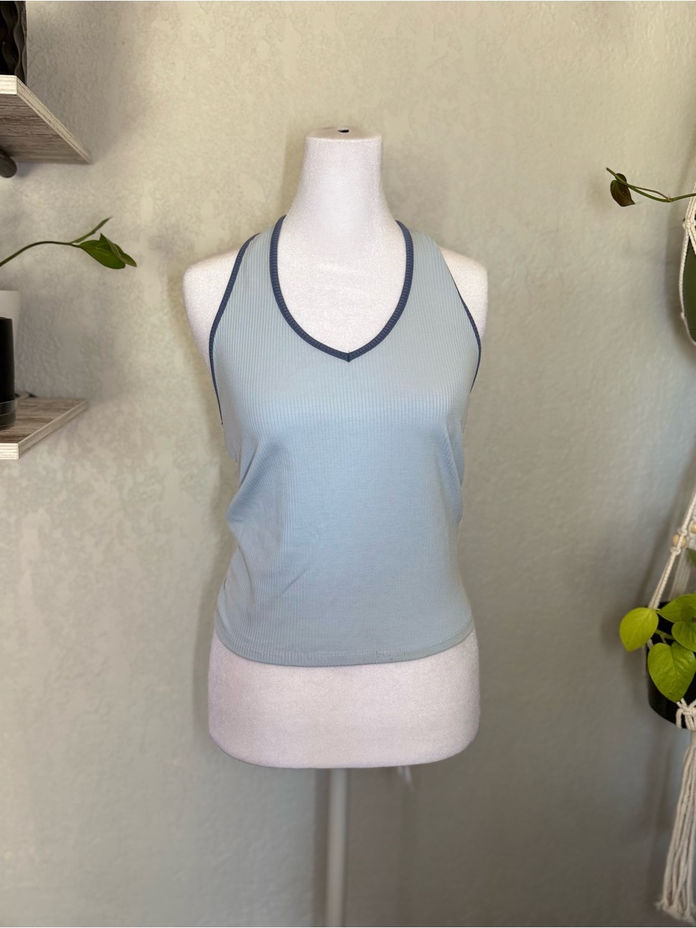 American Eagle Outfitters Light Blue Ribbed V-Neck Halter with Navy Trim